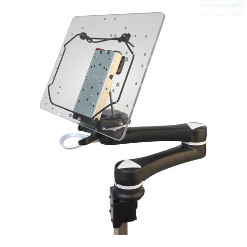 The new improved Mount'n Mover Dual Arm showing an iPad tray being attached (not included)